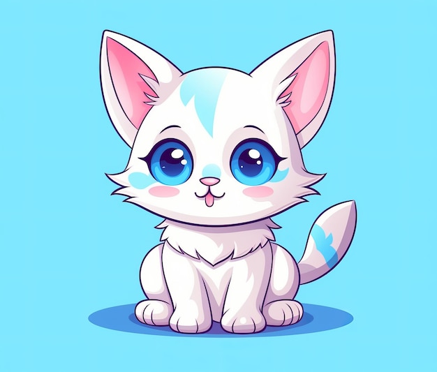 A cartoon illustration of a white cat with blue eyes and blue eyes.