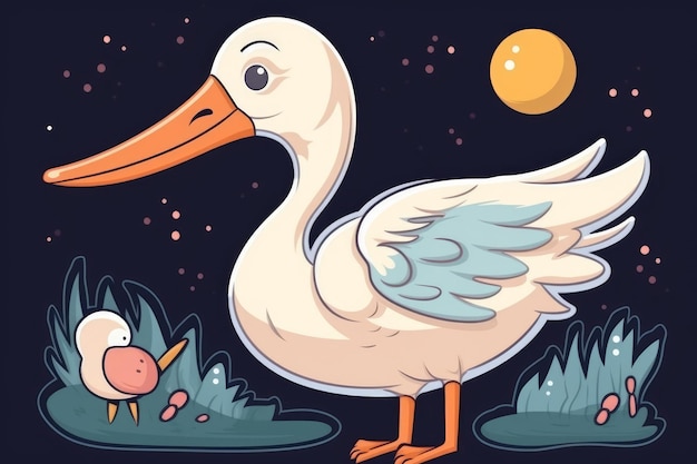 A cartoon illustration of a white duck with a cow in the background.