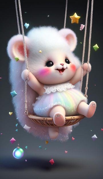 A cartoon illustration of a white mouse on a swing