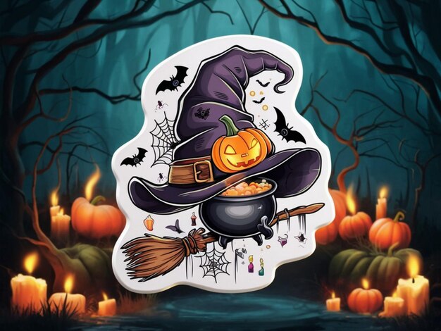 a cartoon illustration of a witch hat and a broom with a pumpkin on it