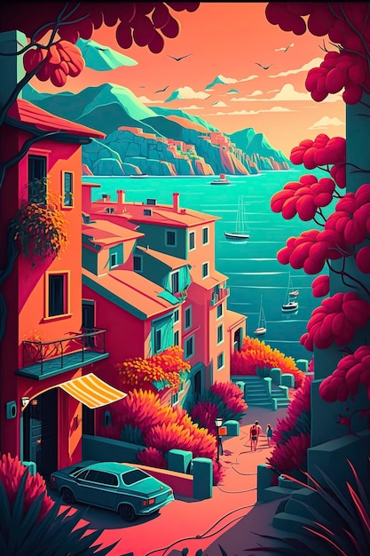 cartoon illustration with bright colors beach vacation ai generative