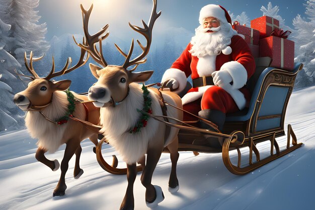 Cartoon illustration with Santa Claus in a sleigh with gifts and fabulous reindeer in the winter