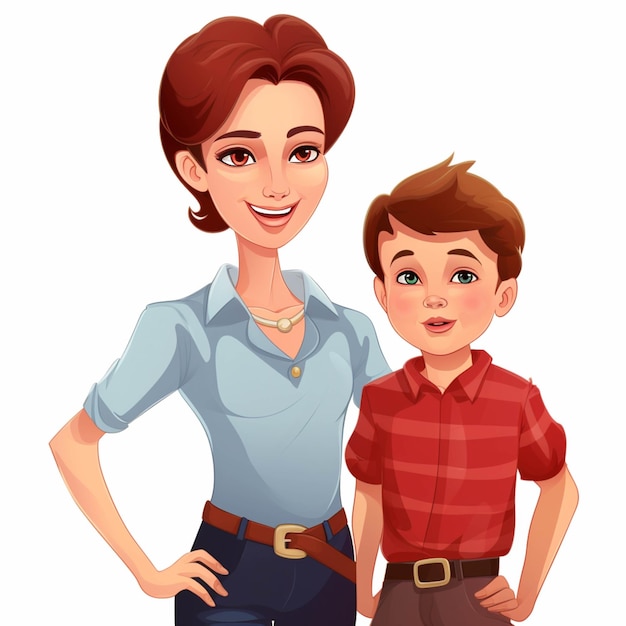 Cartoon illustration of a woman and a boy standing next to each other generative ai