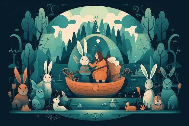 A cartoon illustration of a woman and a bunny on a boat.