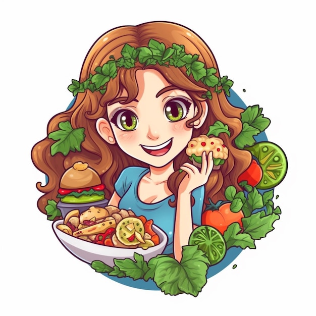 健康的な食事を食べる女性の漫画イラスト。