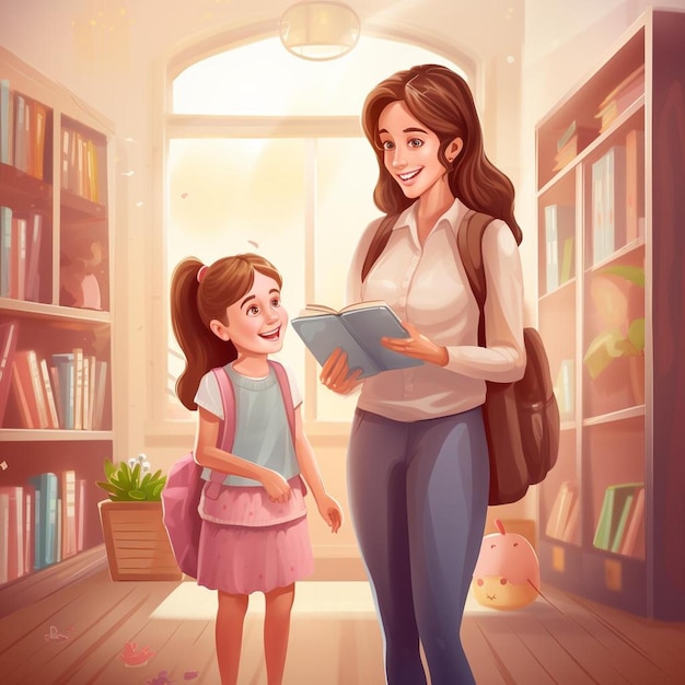 a cartoon illustration of a woman holding a book with a girl reading a book