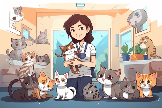 cartoon illustration of a woman holding a cat surrounded by cats generative ai