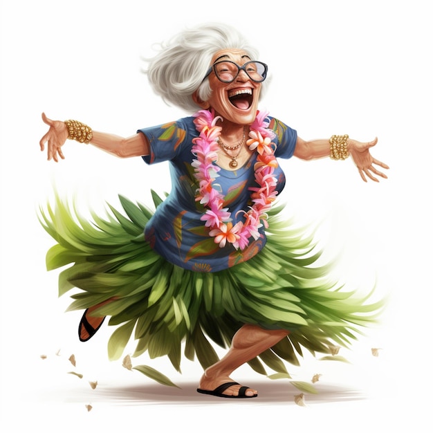 cartoon illustration of a woman in a hula skirt dancing generative ai