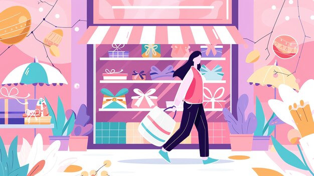 Photo a cartoon illustration of a woman shopping in front of a store with a person carrying a shopping bag