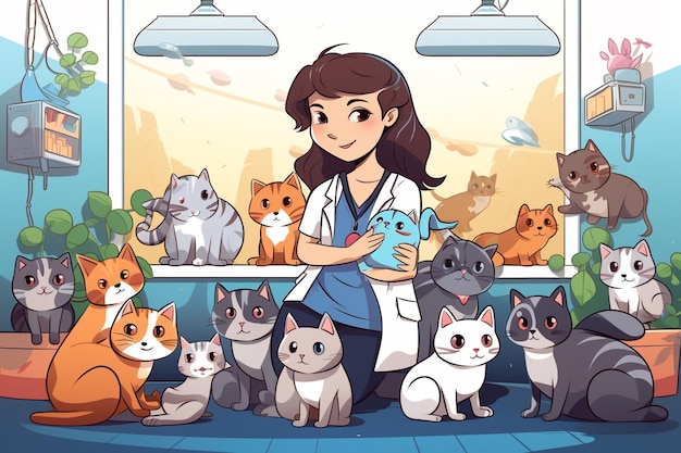 고양이 들 이 둘러싸인 수의사 사무실 에 있는 한 여자 의 만화 그림