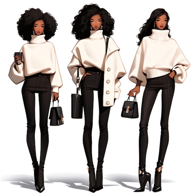 cartoon illustration of a woman in a white sweater and black pants generative ai
