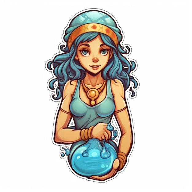 Photo cartoon illustration of a woman with blue hair holding a blue bowl generative ai