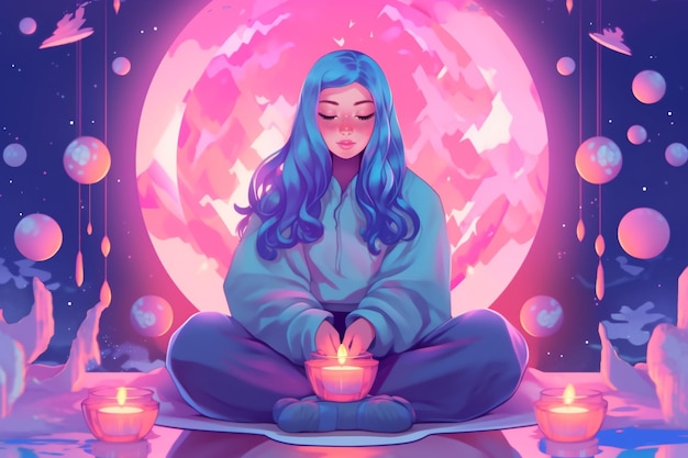 A cartoon illustration of a woman with blue hair sitting in front of a moon with candles.