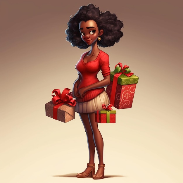 Cartoon illustration of a woman with a gift and a present generative ai