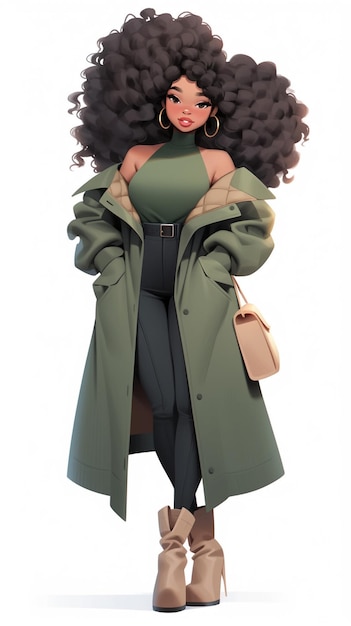 Photo cartoon illustration of a woman with a large afro wearing a green coat generative ai