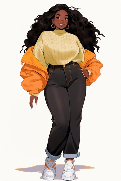 Photo cartoon illustration of a woman with long hair and a yellow sweater generative ai