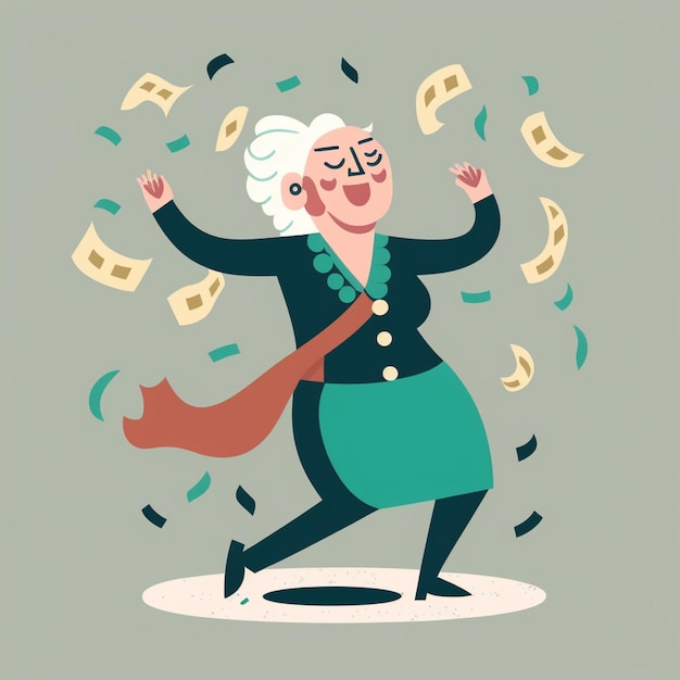 cartoon illustration of a woman with money falling from her arms generative ai