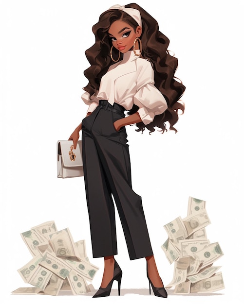 Photo cartoon illustration of a woman with a purse and money generative ai