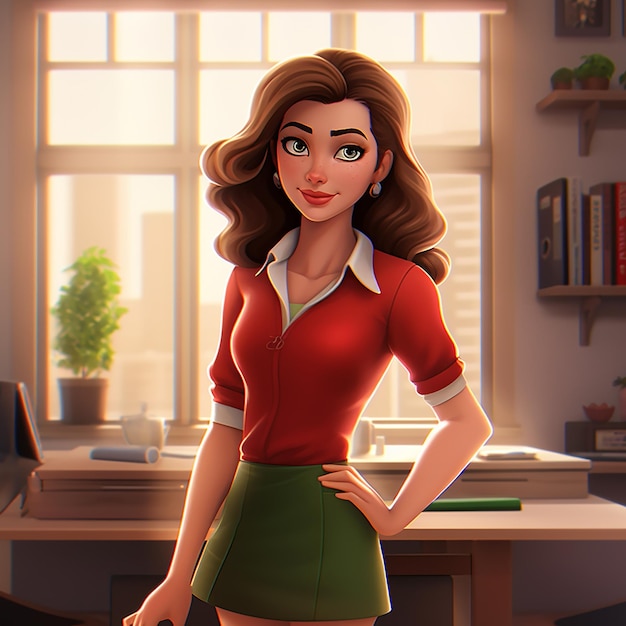 a cartoon illustration of a woman with a red shirt on.