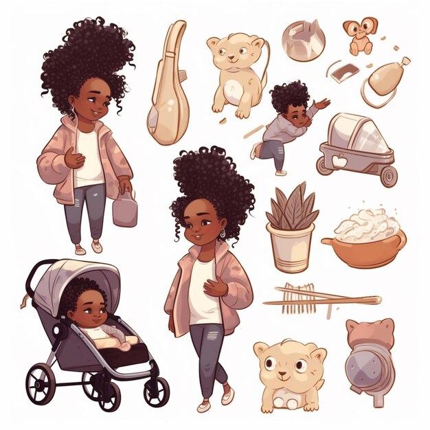 cartoon illustration of a woman with various items for a baby generative ai