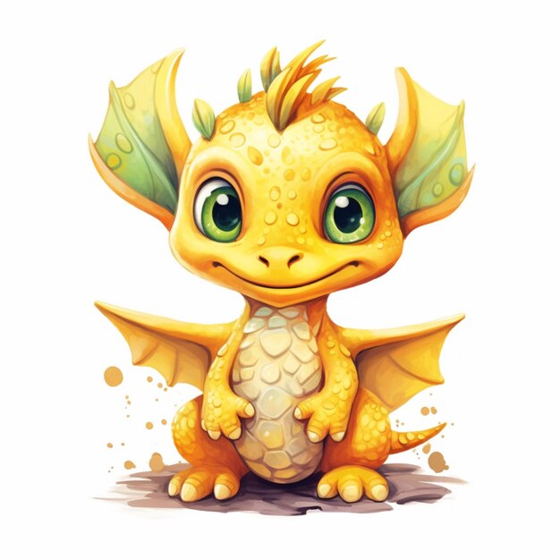 cartoon illustration of a yellow dragon with green eyes and a big smile generative ai