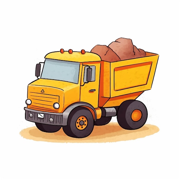 Photo cartoon illustration of a yellow dump truck with a pile of dirt on the back generative ai