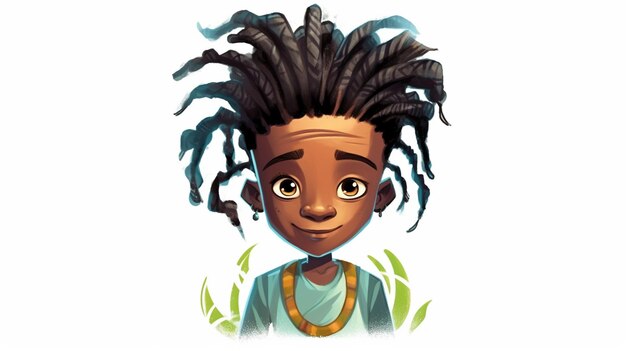 Photo cartoon illustration of a young black boy with dreadlocks and a necklace generative ai