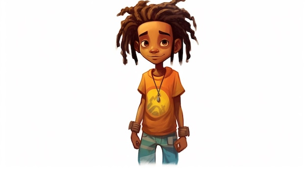 Photo cartoon illustration of a young man with dreadlocks and a yellow shirt generative ai
