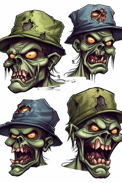 Cartoon illustration of zombie heads set for Halloween party