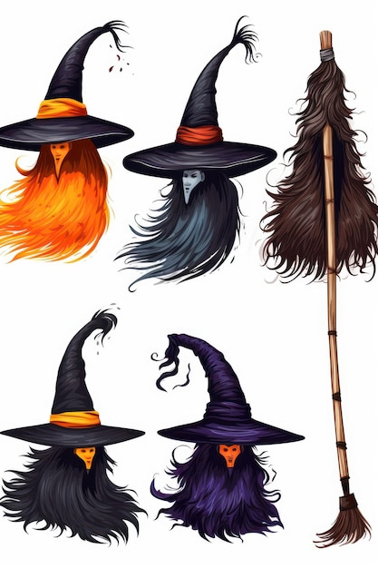 Cartoon illustrations of a set of halloween witch hats