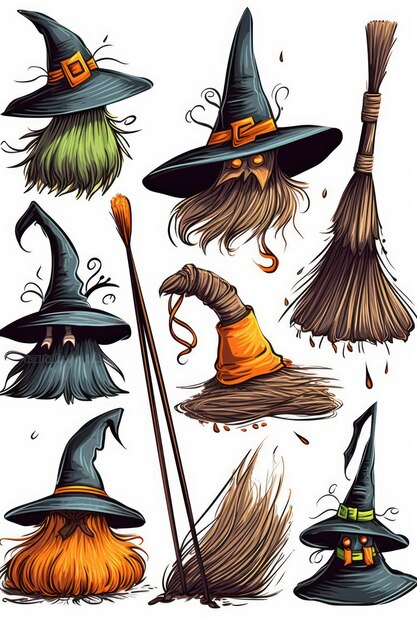 Cartoon illustrations of a set of halloween witch hats