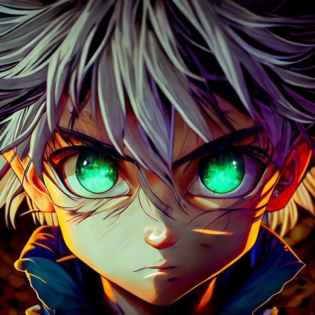 A cartoon image of an anime character with green eyes.