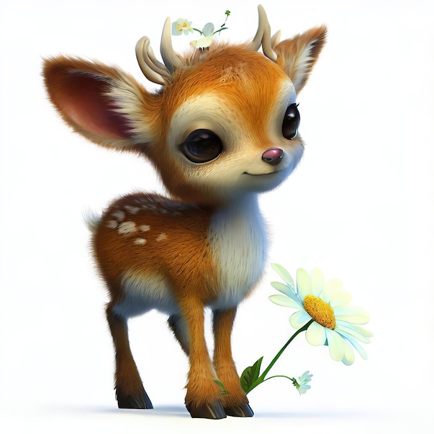 A cartoon image of a baby deer with a daisy on its head.