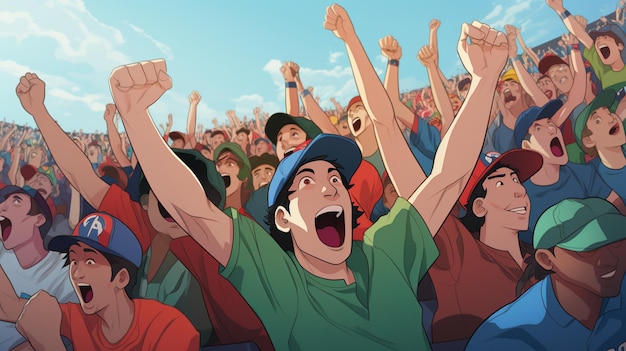 cartoon image of baseball fans cheering in a stadium