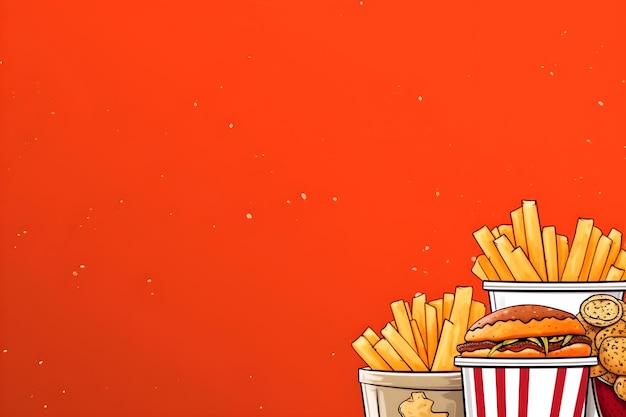 A cartoon image of a basket of fries and a burger with a sign that says