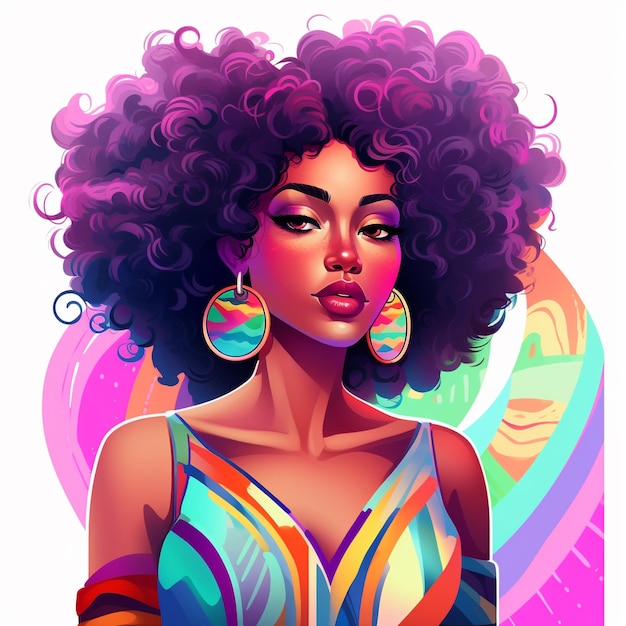Cartoon image of beautiful black woman colorful front face portrait illustration