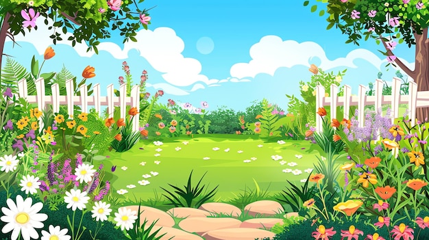 白いピケットフェンスの花と道がある美しい庭の漫画画像