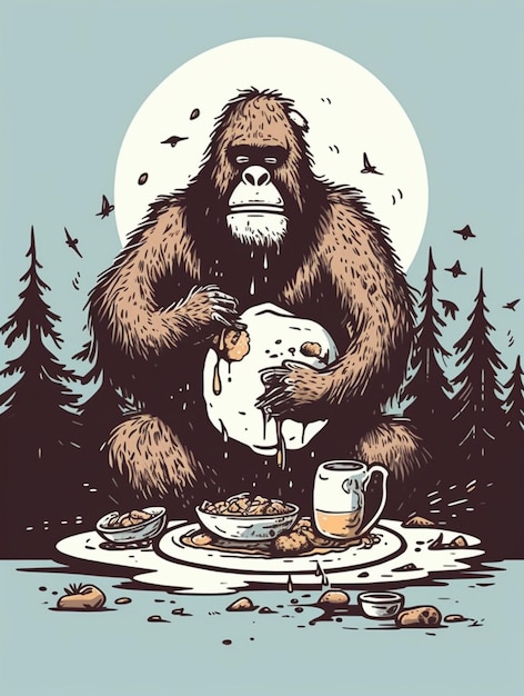 a cartoon image of a bigfoot eating a meal in the woods generative ai