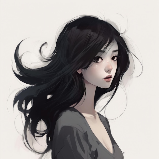 Cartoon image of black hair anime girl on white background generative AI