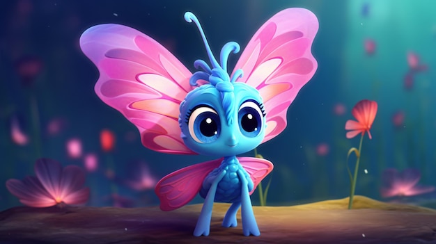 a cartoon image of a blue butterfly with a pink wings