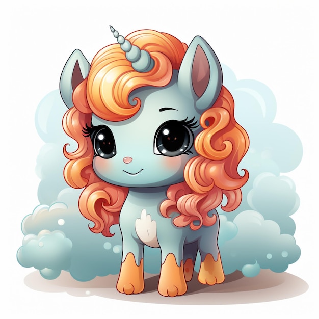 a cartoon image of a blue unicorn with a red mane and orange hair