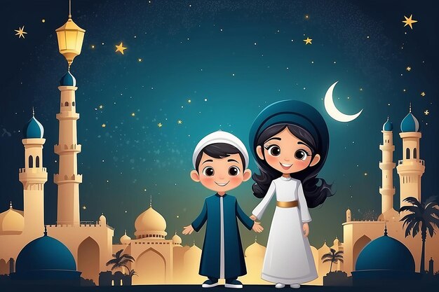 a cartoon image of a boy and a girl with a moon in the background