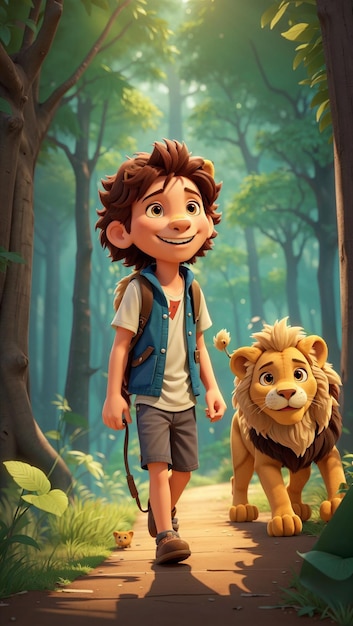 a cartoon image of a boy and a lion with a backpack and a lion