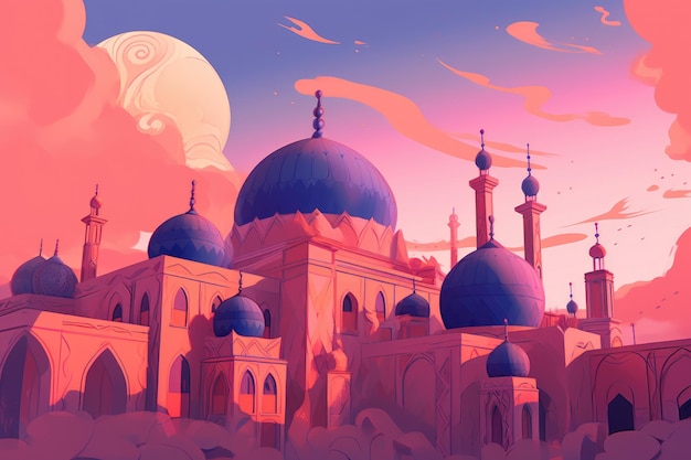 A cartoon image of a building with a blue dome and a pink sky with clouds