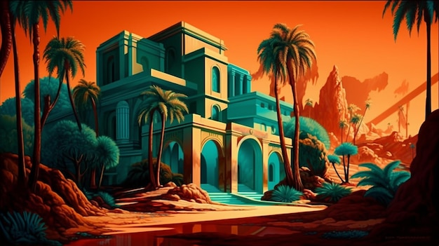 A cartoon image of a building with a blue roof and palm trees in front of it.