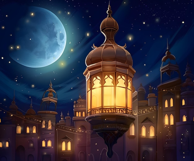 Мультяшное изображение здания с луной на заднем плане