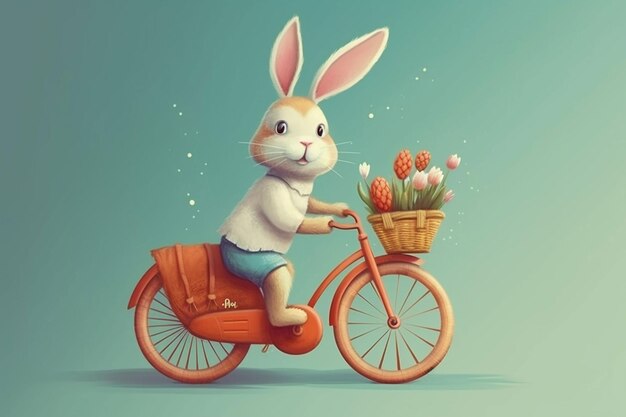 A cartoon image of a bunny riding a bicycle with a basket of tulips on it.