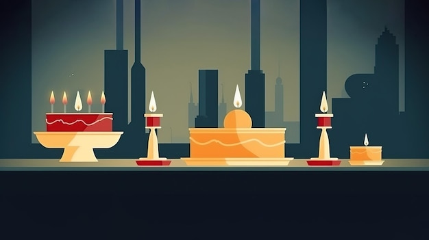 A cartoon image of candles on a table with a cityscape in the background.