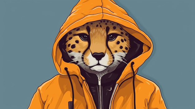 A cartoon image of a cheetah wearing a jacket and