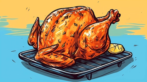 Карикатурное изображение курицы на гриле.